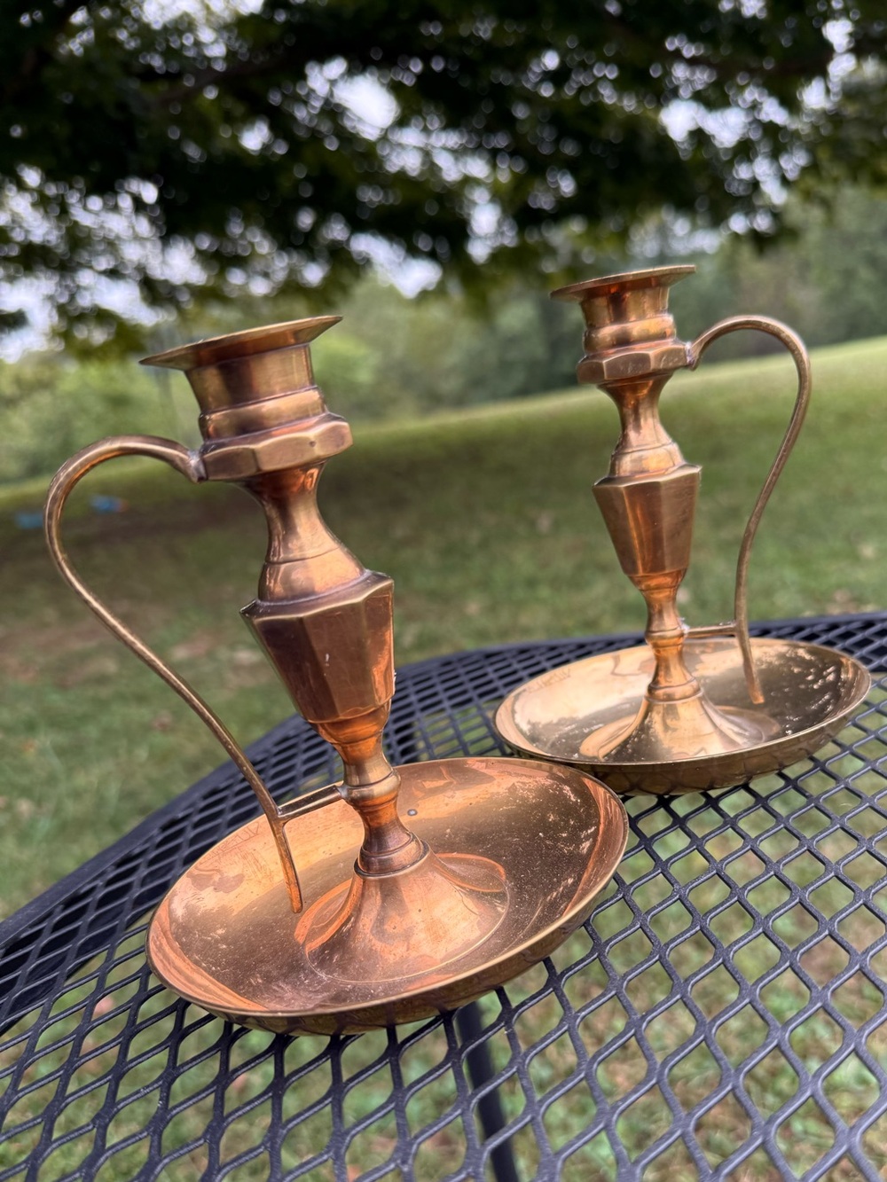 pair of vintage brass chamberstick candle holders